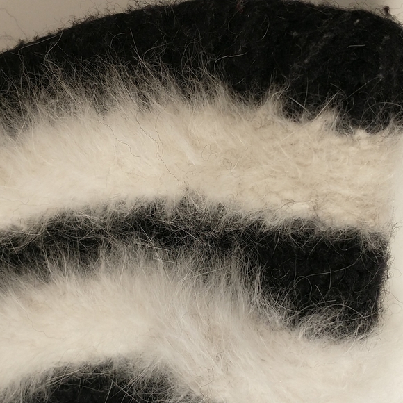 Handmade Knit Hat White Angora with Black Super Cute Fuzzy Striped Handknit OOAK - Picture 4 of 6